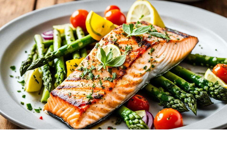 A plate filled with colorful vegetables and herbs, surrounding a grilled salmon fillet. The salmon is generously seasoned with lemon pepper and garnished with sliced lemon. The vegetables include roasted asparagus by jasperdaywellness